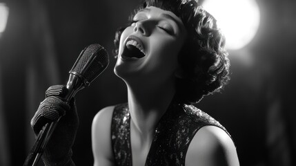 Wall Mural - a woman passionately singing into a vintage microphone, evoking a classic music scene.