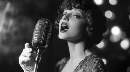 Wall Mural - a vintage-styled singer passionately performing into a classic microphone.