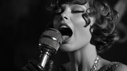 Wall Mural - a vintage-style singer passionately performing into a microphone in black and white.
