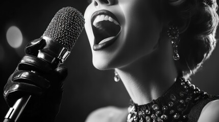 Wall Mural - a dramatic close-up of a singer passionately performing with a microphone.