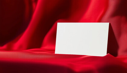 Sticker - Blank white paper card mockup on red fabric background with soft shadows