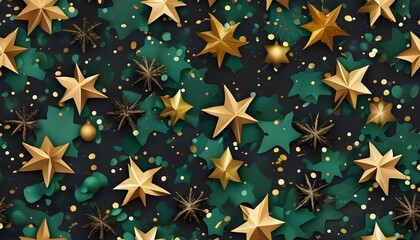 Elegant green confetti and gold Christmas stars in a seamless dark patterned background, creating a festive and stylish textile design for holiday decor