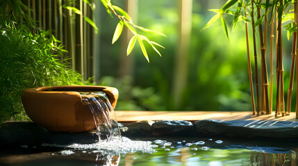 Sticker - Tranquil water feature with a small waterfall flowing into a pond surrounded by lush greenery.