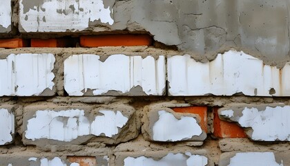 Wall Mural - Textured vintage wall with chipped white paint revealing grey brickwork, creating a rustic architectural backdrop of layered stone and concrete