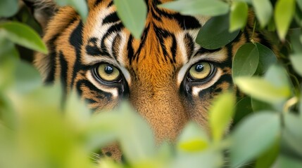 Close up of a wild tiger eyes in deep forest,hide and seek,intense eye contact,hungry tiger in nature,animal angry concept,Tiger face background.