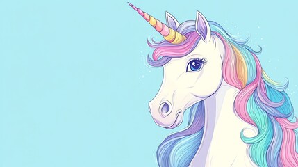  A beautiful unicorn with a colorful mane and tail on a light blue background.