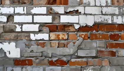 Wall Mural - Textured vintage wall with chipped white paint revealing grey brickwork, creating a rustic architectural backdrop of layered stone and concrete