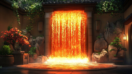 Sticker - A fiery waterfall cascades into a pool, creating a surreal and mesmerizing scene.