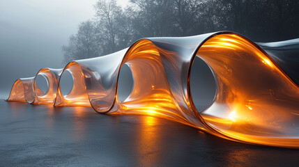 Abstract glowing gold structure in a foggy landscape.