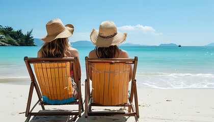 On the peaceful beach, two girls sat happily on beach chairs, with the blue water and clear sky behind them, showing a relaxed and pleasant holiday atmosphere.