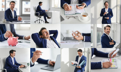 Aufkleber - A business professional is seen performing multiple tasks in a bright and modern office environment. He is seated at a desk, reviewing documents, working with a laptop