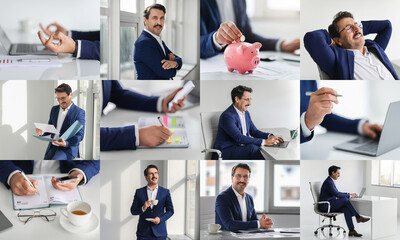 Leinwandbilder - A business professional is seen participating in multiple office tasks, showcasing his skills and demeanor in a modern workspace. He interacts with documents, uses a laptop