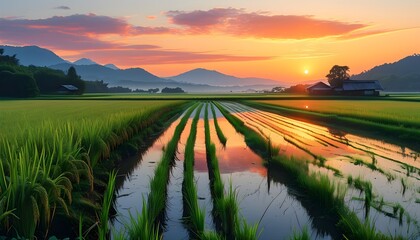 Wall Mural - Serene sunrise over lush rice paddies, embodying growth and abundance in a tranquil landscape