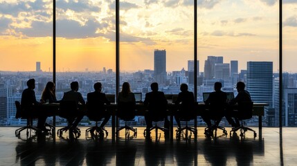 Wall Mural - A silhouette of people in a conference room with a city skyline at sunset.