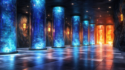 Wall Mural - A futuristic hallway lit by glowing blue and orange columns.