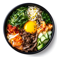 Wall Mural - Korean Bibimbap Bowl top view isolated on white background