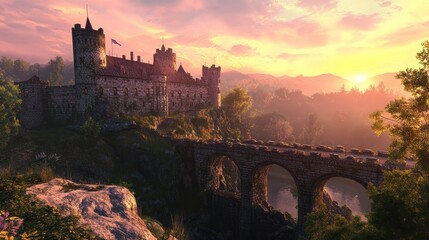 Wall Mural - A picturesque sunset scene featuring a medieval castle and an arched stone bridge.