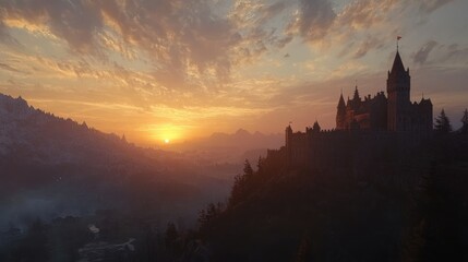 Wall Mural - A majestic castle silhouetted against a vibrant sunset in a mountainous landscape.