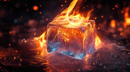 Wall Mural - A large ice cube engulfed in flames, with a dark background and a bokeh effect.