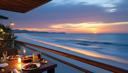 Wall Mural - Sunset beach dining experience from a luxurious hotel terrace, featuring a barbecue and stunning coastal views