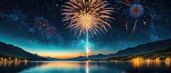 Wall Mural - Fireworks Display Over a Serene Lake