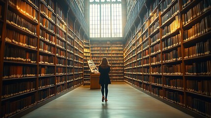 A person exploring the philosophy section in a university library, rows of tall bookshelves filled with academic and philosophical texts, soft light coming through windows,