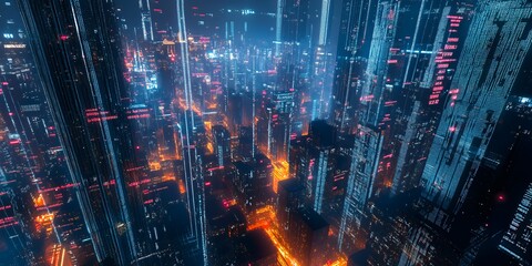 Canvas Print - Futuristic cityscape at night with glowing neon lights and a dense urban environment.