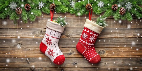 Two adorable festive Christmas stockings hang on a wooden wall adorned with intricate snowflakes, verdant winter