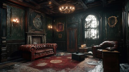 Poster - A vintage, dimly lit room with ornate furnishings and a cozy atmosphere.