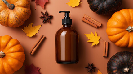 Wall Mural - Bottle of pumpkin body wash with a stylish label, surrounded by fresh pumpkins, cinnamon sticks, and autumn leaves, warm and inviting background 