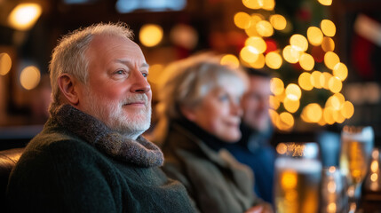 Wall Mural - Boxing Day celebration in a quaint pub with a roaring fireplace, holiday decorations, and locals enjoying drinks 