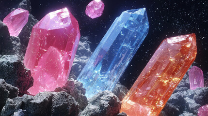 Shiny crystals of pink, blue, and orange sparkle in the darkness.