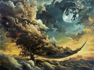 Poster - Celestial Landscape: A Dreamlike Sky with a Solitary Tree