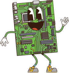 Poster - cartoon groovy computer mother board retro character with funny face, vector funky comic. groovy fre