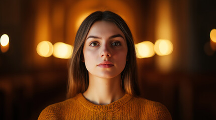 Church confessional scene with soft light illuminating the face of a young woman, serene and contemplative mood 