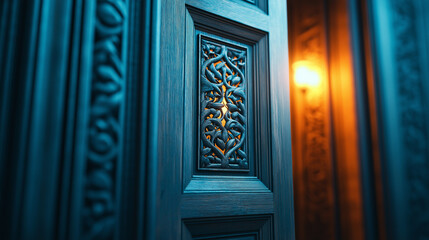 Canvas Print - Close-up of a wooden confessional booth with an open door, intricate carvings and soft light glowing inside 