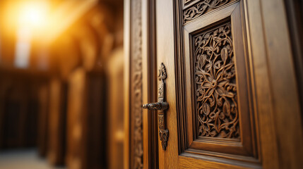 Sticker - Close-up of a wooden confessional booth with an open door, intricate carvings and soft light glowing inside 