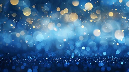 Glittering light blue particles and shining stage lights on abstract bokeh background