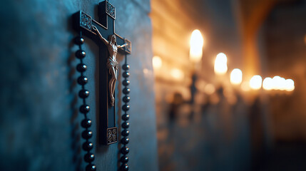 Canvas Print - Close-up of rosary beads hanging on the side of a confessional booth, flickering candlelight in the background 