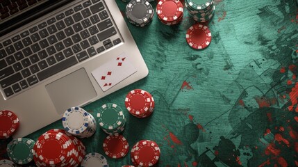 Wall Mural - Laptop With Playing Cards and Poker Chips on a Green Table