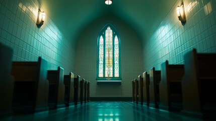 Wall Mural - Dimly lit church interior with a confession booth, soft light filtering through stained glass windows, tranquil atmosphere 