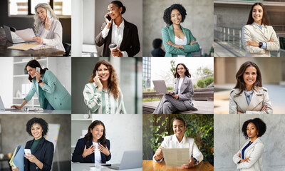 Aufkleber - A group of professional women is depicted actively engaging in different work-related tasks within a modern office environment. Some are on phone calls, while others are using laptops