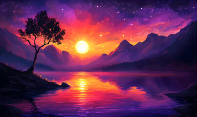 Wall Mural - A vibrant sunset over a mountain lake with a solitary tree on the shore.