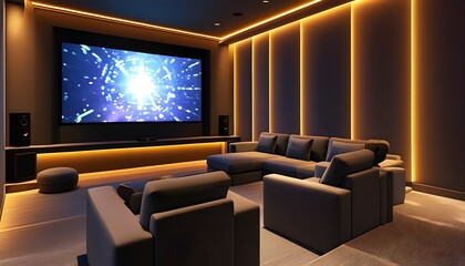 Wall Mural - Cozy home theater setup featuring a sofa, armchair, and accent lighting, complemented by a large LED screen for an immersive viewing experience.