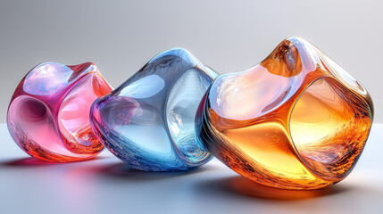 Wall Mural - Three colorful, abstract glass sculptures.