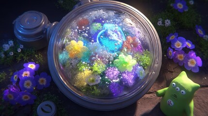 Wall Mural - A Glass Orb Filled with Colorful Objects Surrounded by Flowers