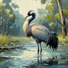 oil painting of a crane