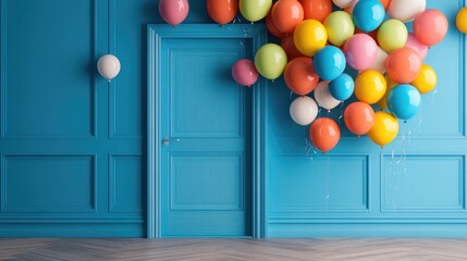 Wall Mural - A blue door in a blue room with a cluster of colorful balloons floating above it.