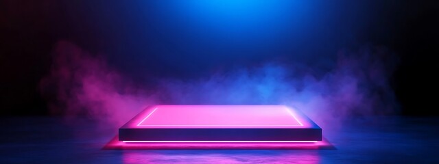 Blue pink neon 3d podium. Futuristic light stage for product display. Abstract glow platform in dark room with geometric led square for presentation. Realistic award pedestal for winner. Generative Ai