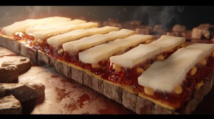 A Long, Narrow Pizza with Toppings Cooking Over an Open Fire